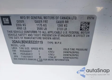 2014 Chevrolet Equinox 1Lt z USA, uszkodzony, nr VIN 2GNALBEK6E6220119